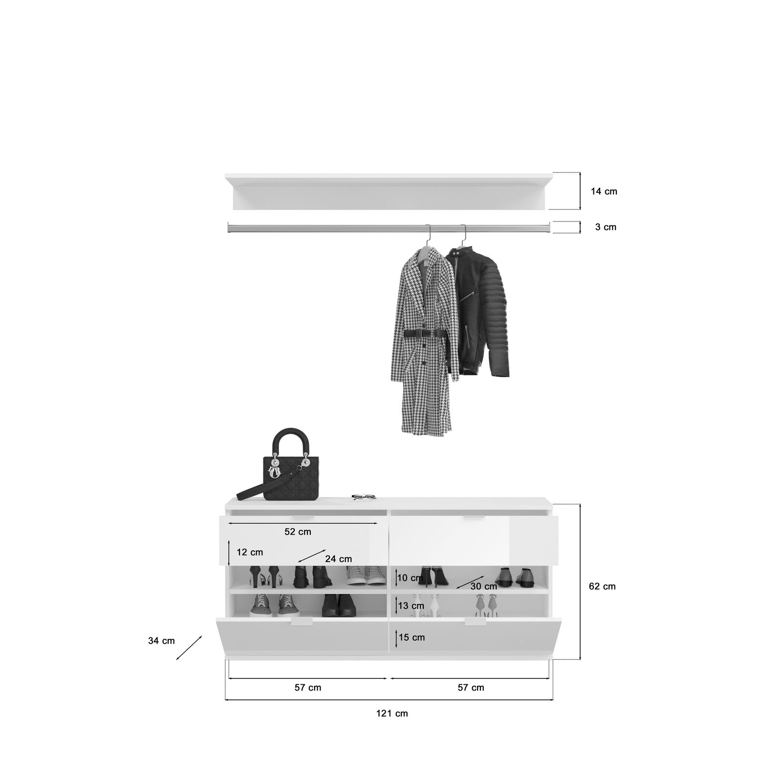 Frontale Ansicht einer weißen Garderobenkombination mit Kleiderstange, Haken für Mäntel und Jacken, sowie einem Schuhschrank mit mehreren Fächern und Schubladen. Maße sind angegeben.