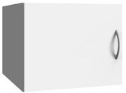 Weißer Schrankaufsatz mit grauem Griff, seitliche Perspektive