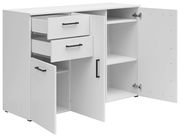 Weiße Kommode mit zwei offenen Schubladen und zwei offenen Türen, perspektivisch von vorne links gesehen.