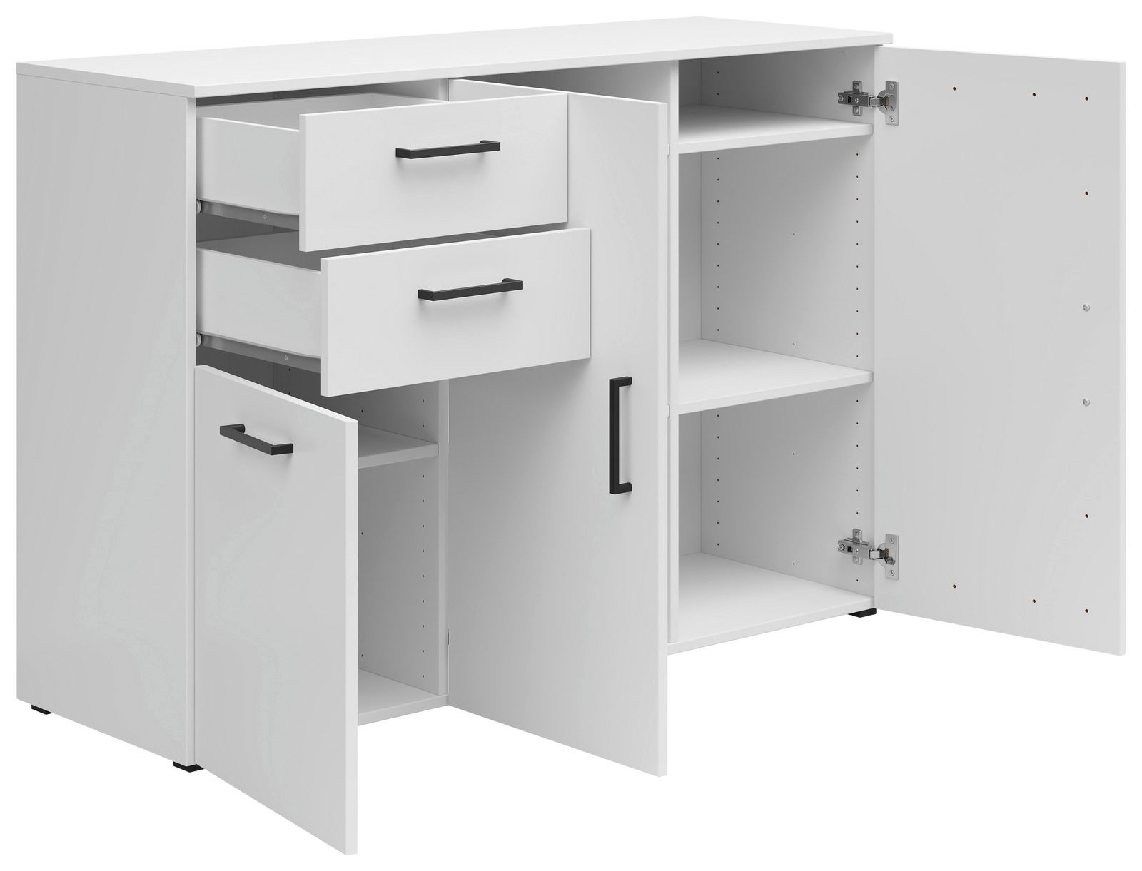 Weiße Kommode mit zwei offenen Schubladen und zwei offenen Türen, perspektivisch von vorne links gesehen.