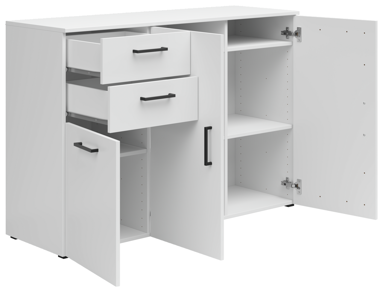 Weiße Kommode mit zwei offenen Schubladen und zwei offenen Türen, perspektivisch von vorne links gesehen.