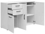 Weiße Kommode mit zwei offenen Schubladen und zwei offenen Türen, perspektivisch von vorne links gesehen.