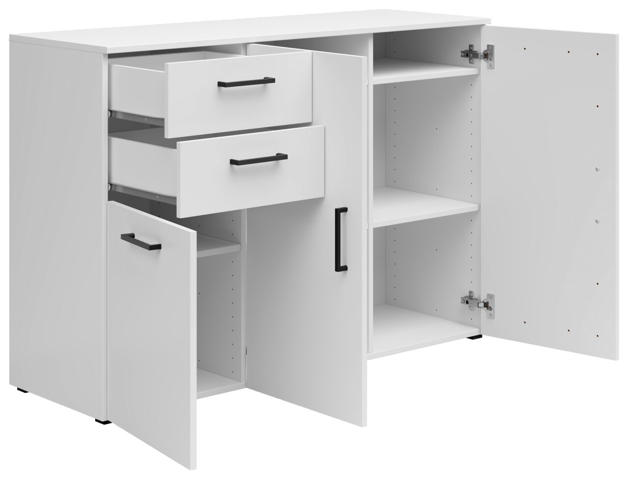 Weiße Kommode mit zwei offenen Schubladen und zwei offenen Türen, perspektivisch von vorne links gesehen.