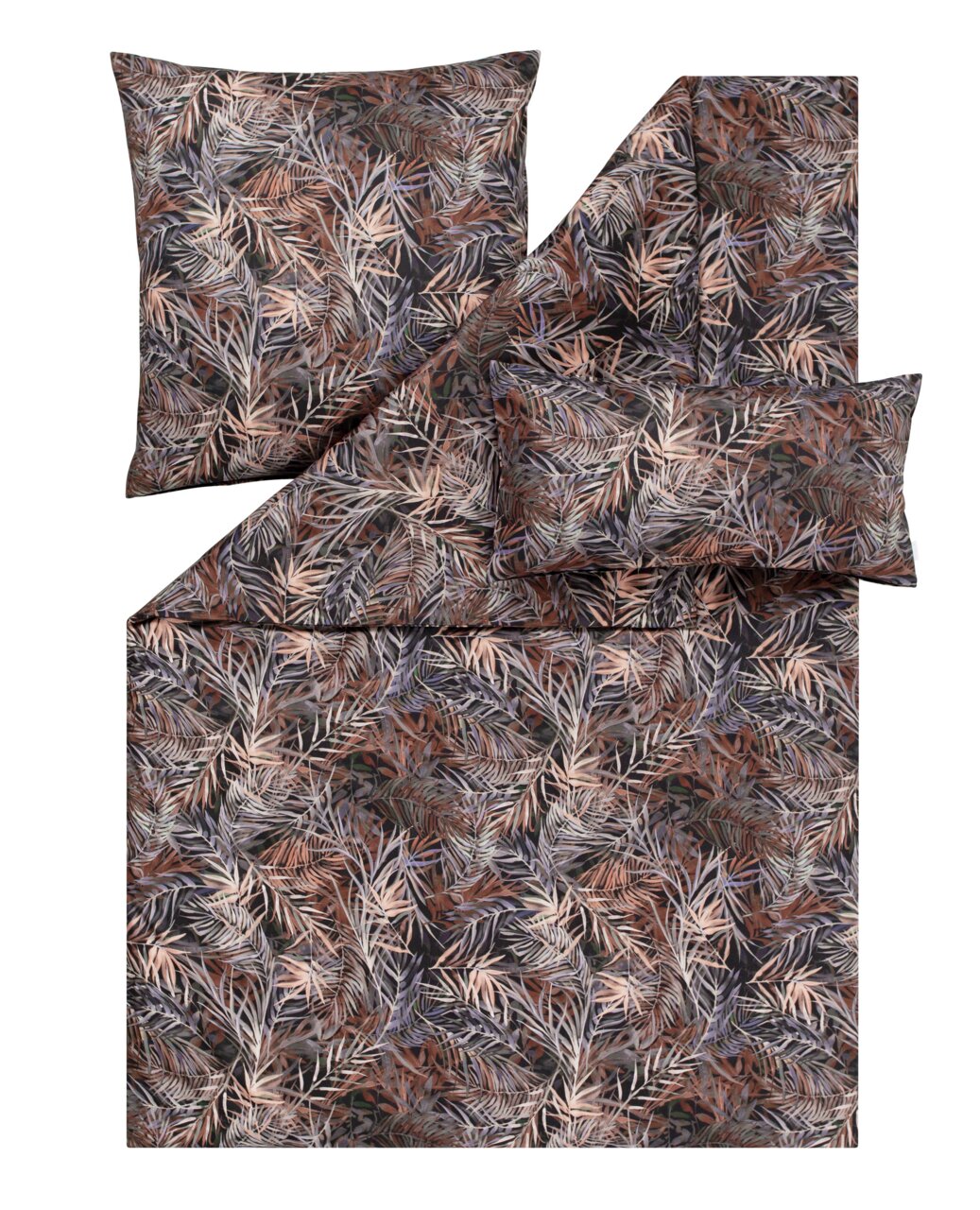 Bettwäsche-Set mit tropischem Blattmuster in Erdtönen, Draufsicht