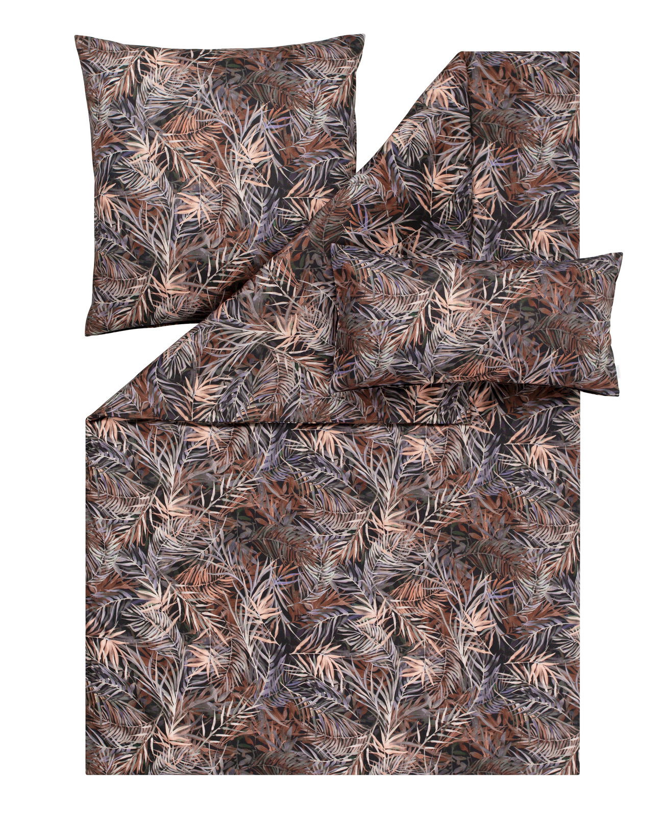 Bettwäsche-Set mit tropischem Blattmuster in Erdtönen, Draufsicht