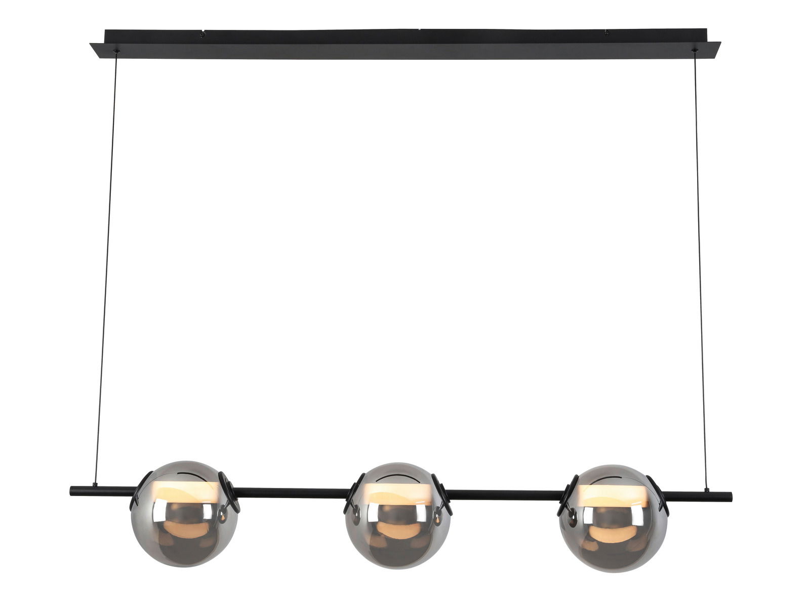 Moderne LED-Hängeleuchte SECCO mit drei kugelförmigen Leuchten in Rauchglasoptik, frontal betrachtet.