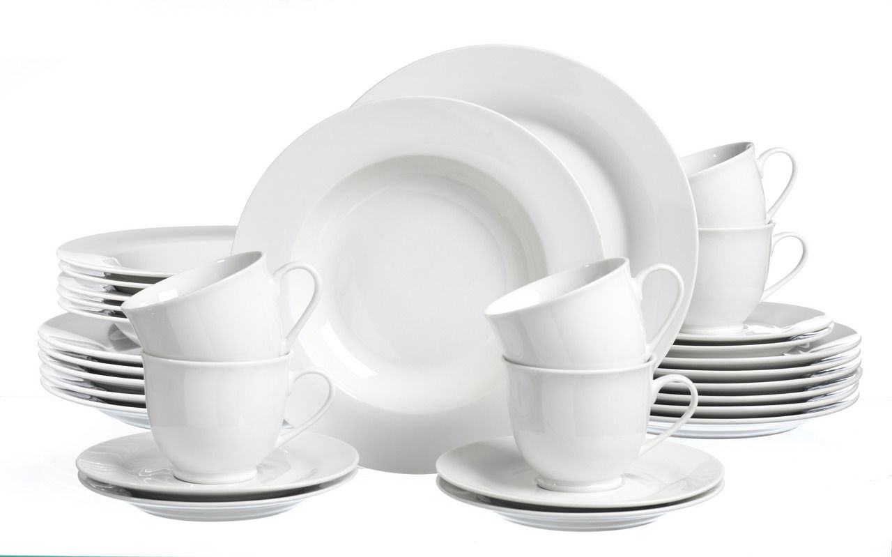 Ritzenhoff & Breker Kombiservice Weiß 30tlg BIANCO Kombiservice Bianco Weiß 30-teilig, bestehend aus Tellern und Tassen, aus der Vorderansicht fotografiert.