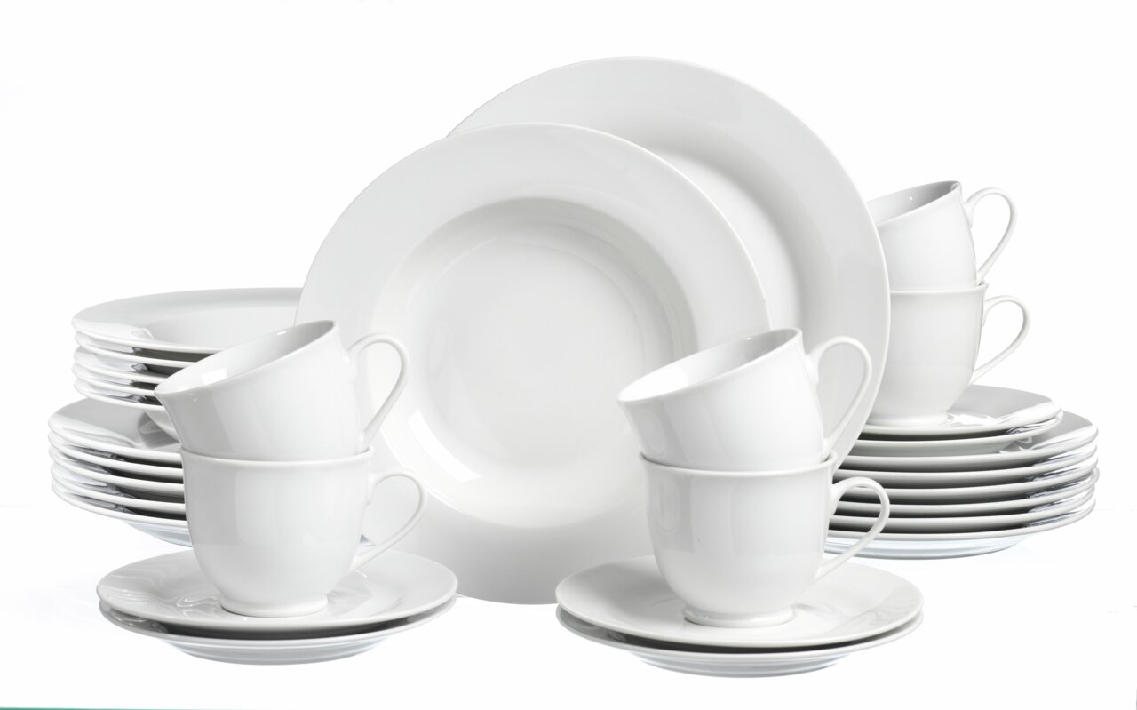 Kombiservice Bianco Weiß 30-teilig, bestehend aus Tellern und Tassen, aus der Vorderansicht fotografiert.