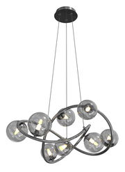 Moderne Pendelleuchte mit mehreren Glaskugeln und geschwungenem Metallrahmen, seitliche Perspektive