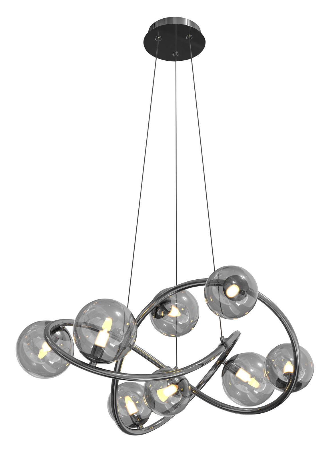 Moderne Pendelleuchte mit mehreren Glaskugeln und geschwungenem Metallrahmen, seitliche Perspektive