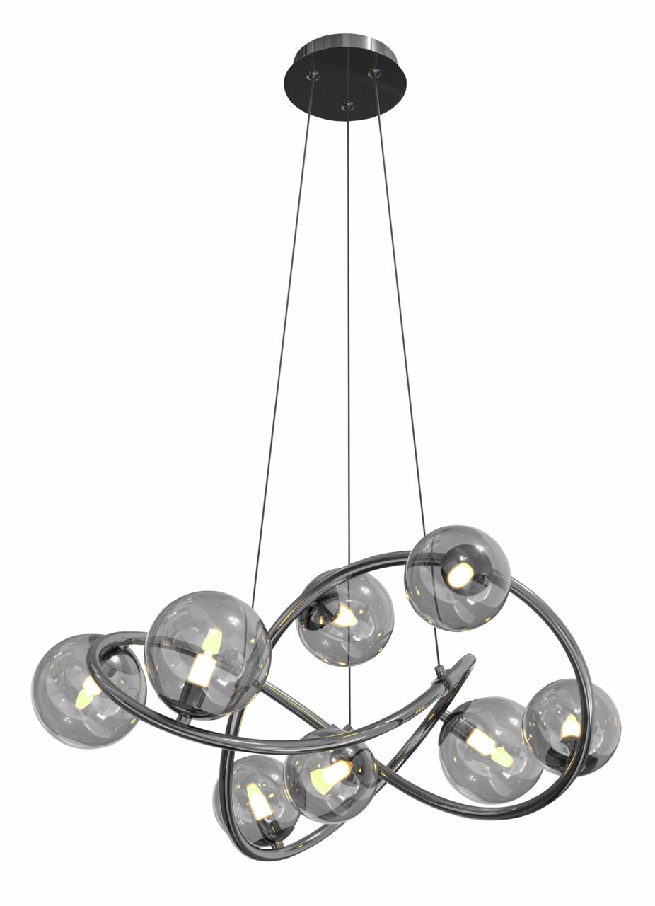 Moderne hanglamp met meerdere glazen bollen en een gebogen metalen frame, zijaanzicht