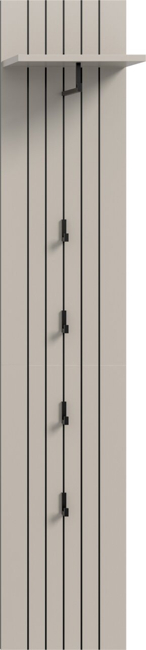 Minimalistisches Wandregal in Weiß mit schwarzer Halterung an einer hellen Wand mit vertikalen schwarzen Linien, frontale Ansicht leicht von links.