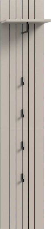 Minimalistisches Wandregal in Weiß mit schwarzer Halterung an einer hellen Wand mit vertikalen schwarzen Linien, frontale Ansicht leicht von links.
