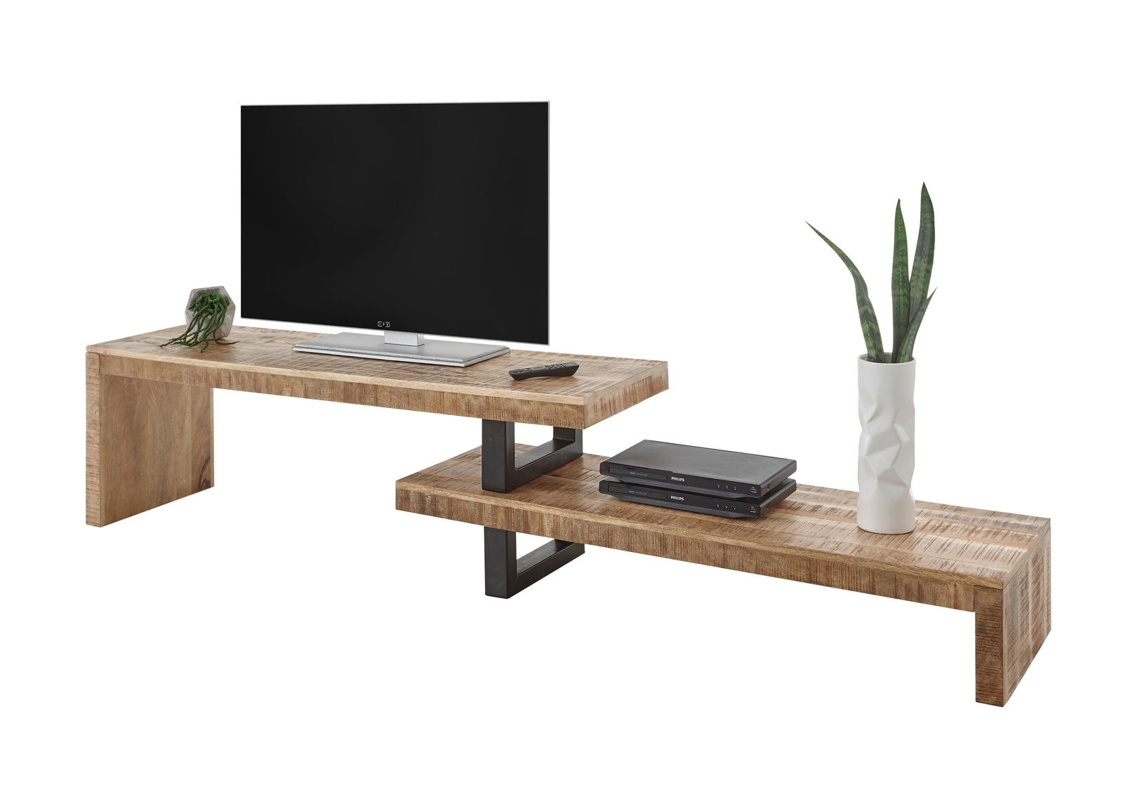 TV-Lowboard aus Holz mit zwei Ebenen, dekoriert mit einem Fernseher, einer Pflanze und elektronischen Geräten, seitliche Perspektive