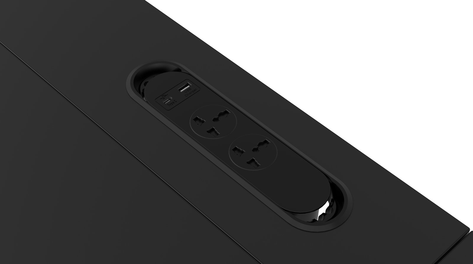 Nahaufnahme eines schwarzen E-Schreibtischs mit integrierter Steckdosenleiste und USB-Anschlüssen, von oben betrachtet.