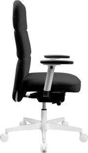 Schwarzer ergonomischer Bürodrehstuhl mit hoher, gepolsterter Rückenlehne, Armlehnen und weißem Fußkreuz mit Rollen, Seitenansicht