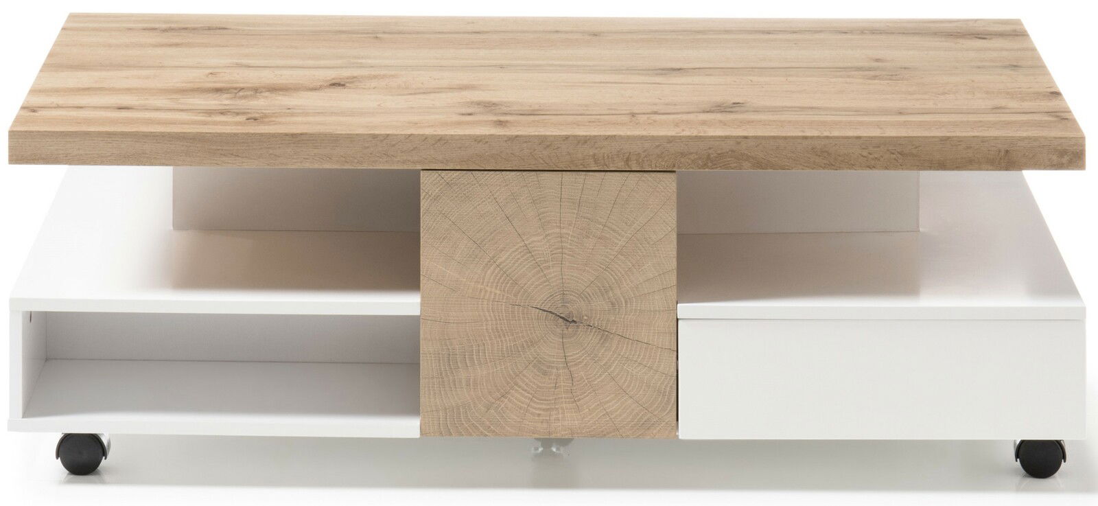 Moderner Couchtisch mit Holzoptik und weißen Elementen, frontal betrachtet.
