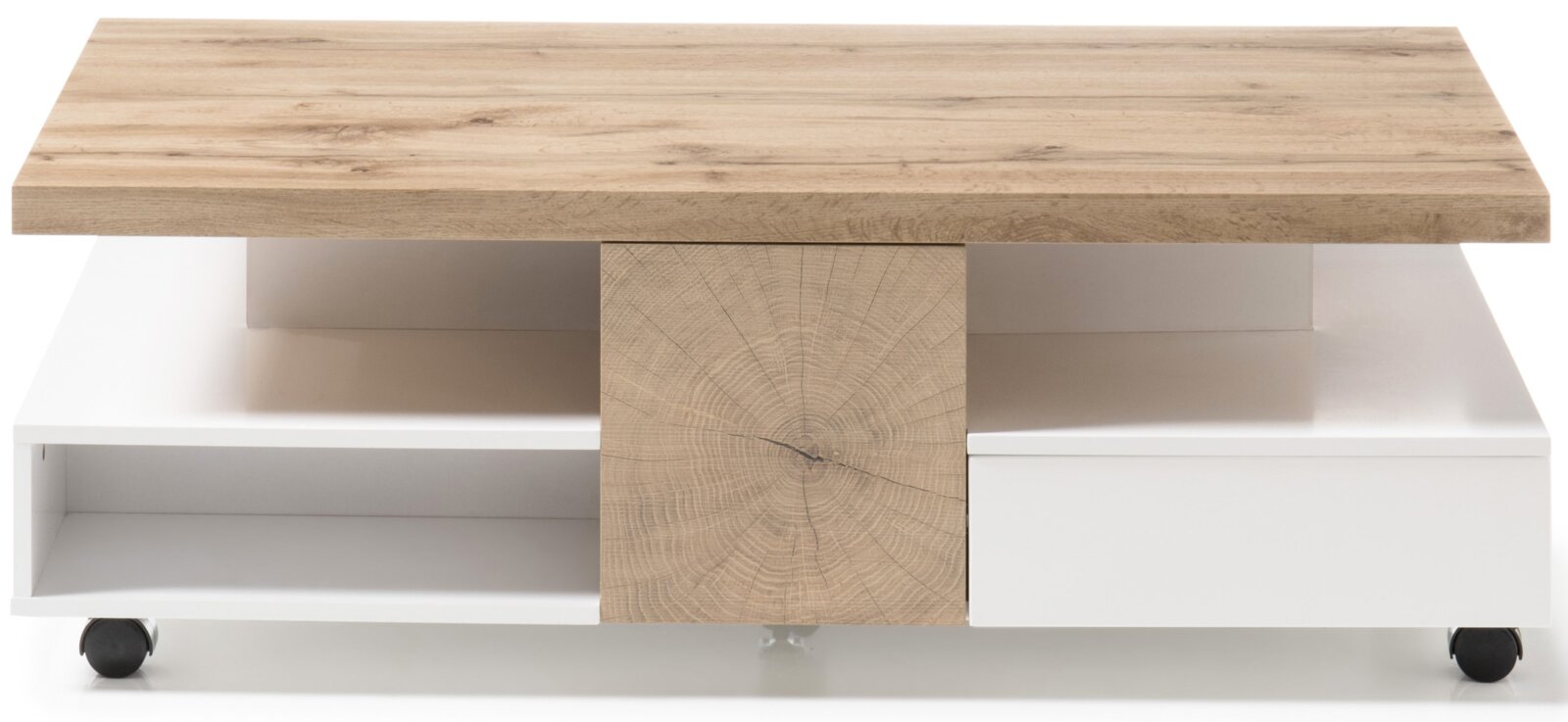Moderner Couchtisch mit Holzoptik und weißen Elementen, frontal betrachtet.