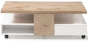 Moderner Couchtisch mit Holzoptik und weißen Elementen, frontal betrachtet.