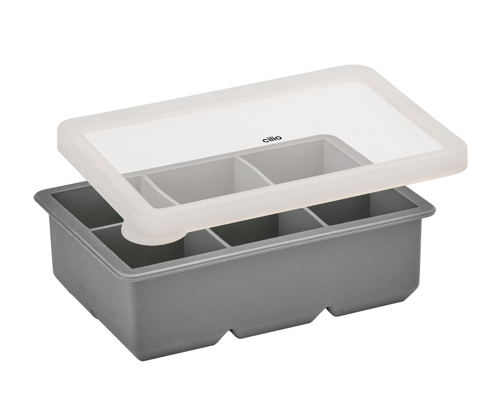Graue Eiswürfelform mit sechs Fächern und transparentem Deckel, seitliche Perspektive