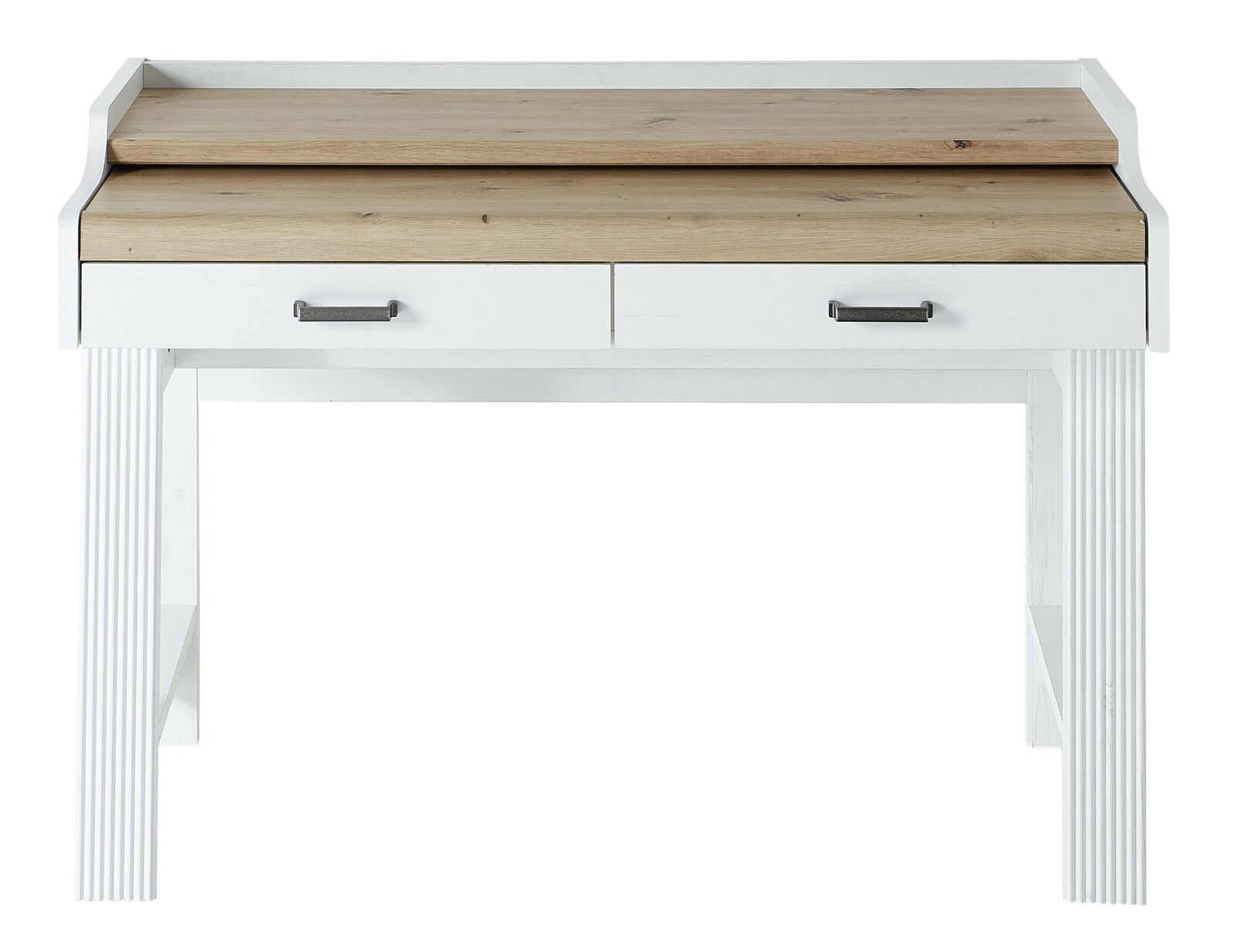 Frontale Ansicht eines weißen Sekretärs der Serie JUDITH mit zwei Schubladen und einer Holzplatte.