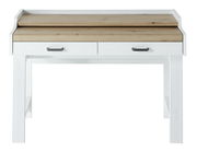 Frontale Ansicht eines weißen Sekretärs der Serie JUDITH mit zwei Schubladen und einer Holzplatte.