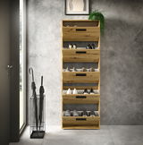 Schuhkipper aus Holz mit fünf Klappen, gefüllt mit Schuhen, in einer modernen Inneneinrichtung. Frontalansicht.