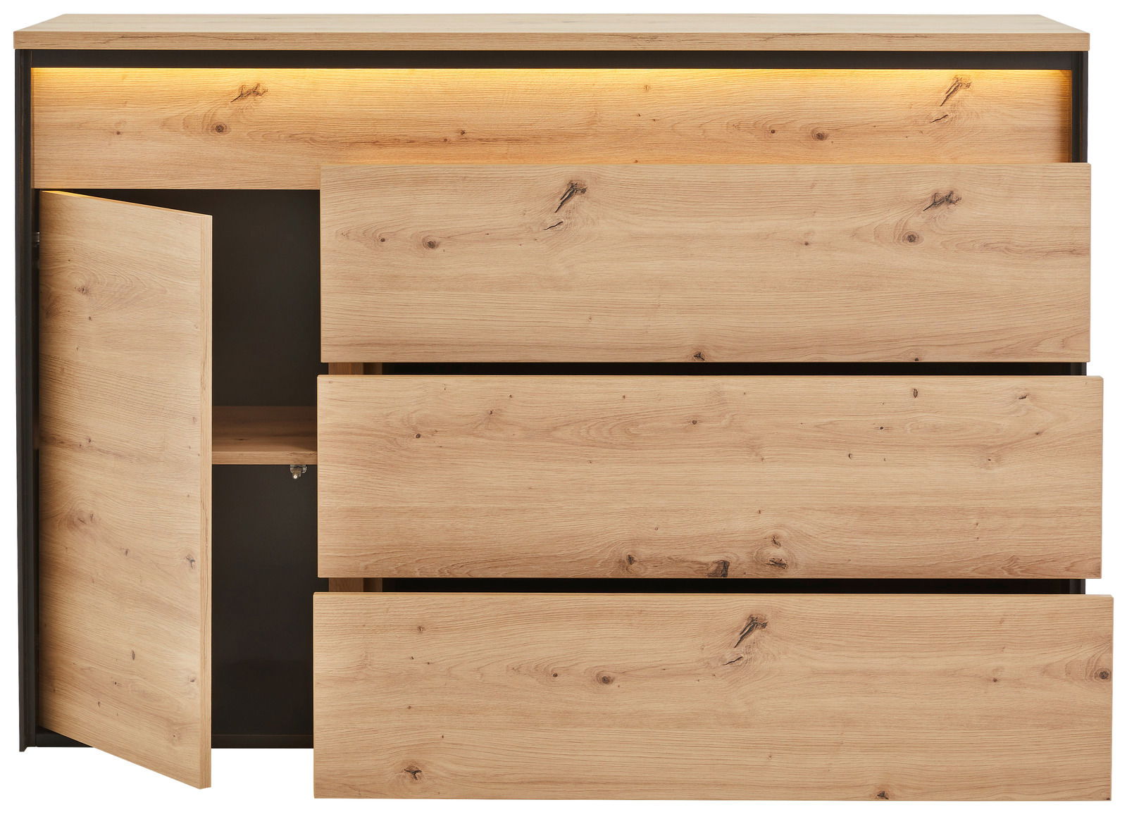 Kommode aus Holz mit drei Schubladen und einer offenen Tür, Frontansicht