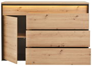 Kommode aus Holz mit drei Schubladen und einer offenen Tür, Frontansicht