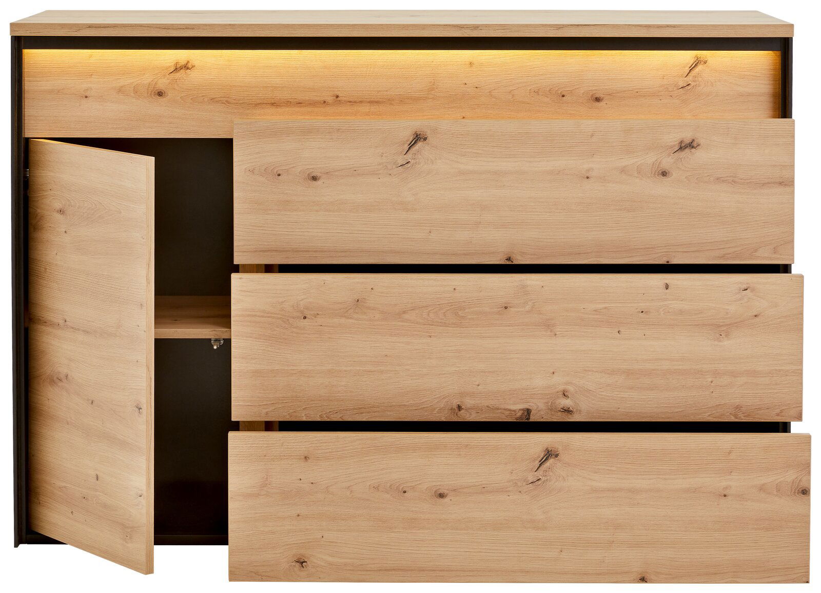 Kommode aus Holz mit drei Schubladen und einer offenen Tür, Frontansicht