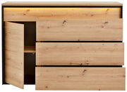 Kommode aus Holz mit drei Schubladen und einer offenen Tür, Frontansicht