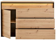 Kommode aus Holz mit drei Schubladen und einer offenen Tür, Frontansicht