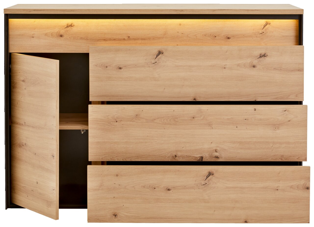 Houten ladekast met drie lades en een open deur, vooraanzicht