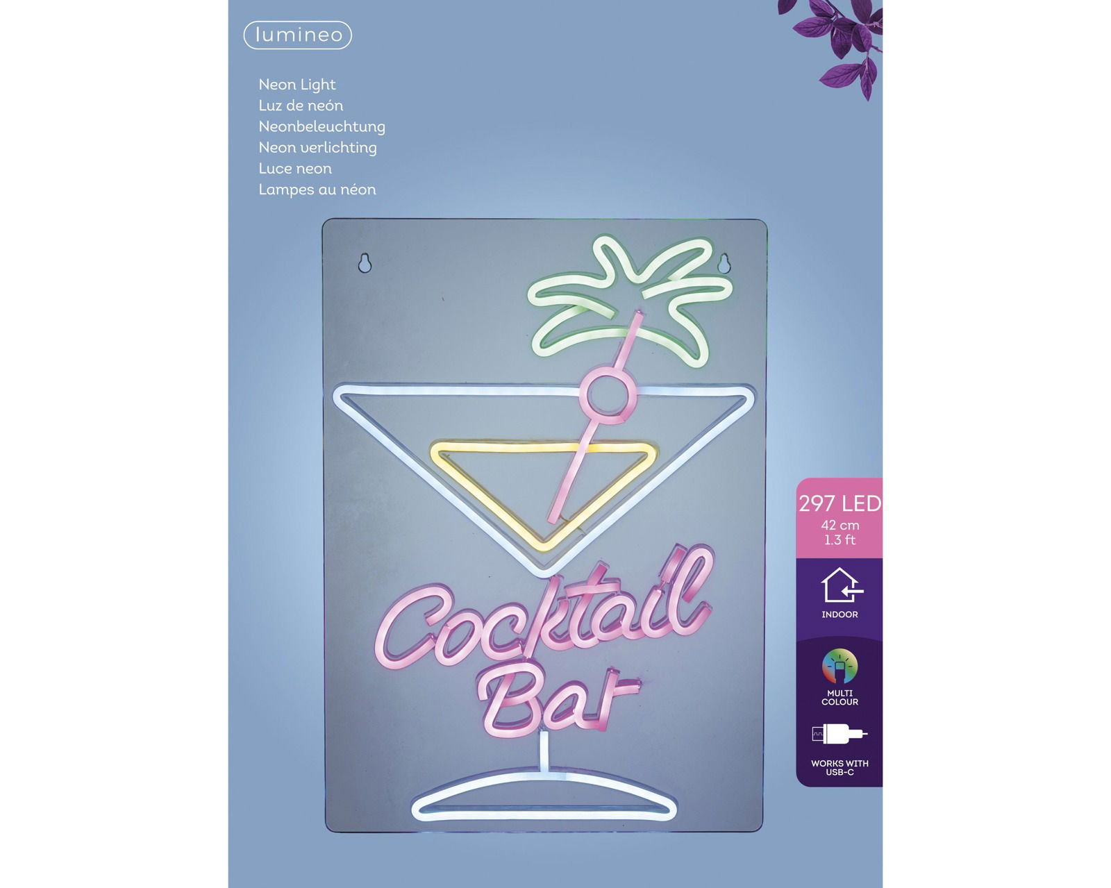 LED Neonlicht mit Cocktailglas und Palme, Aufschrift 'Cocktail Bar', Perspektive von vorne