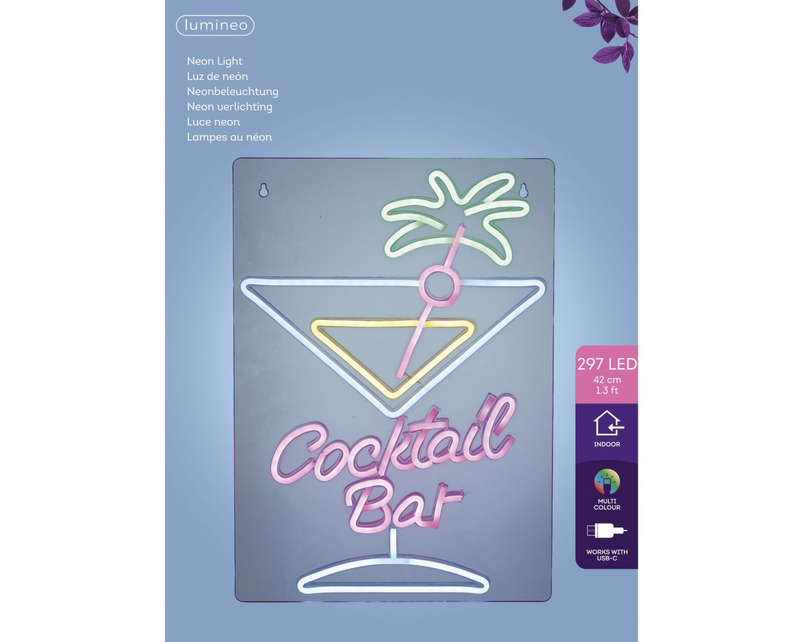 LED Neonlicht mit Cocktailglas und Palme, Aufschrift 'Cocktail Bar', Perspektive von vorne