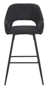 Moderner Barstuhl mit schwarzem Stoffbezug und Metallbeinen, Frontalansicht