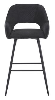 Moderner Barstuhl mit schwarzem Stoffbezug und Metallbeinen, Frontalansicht