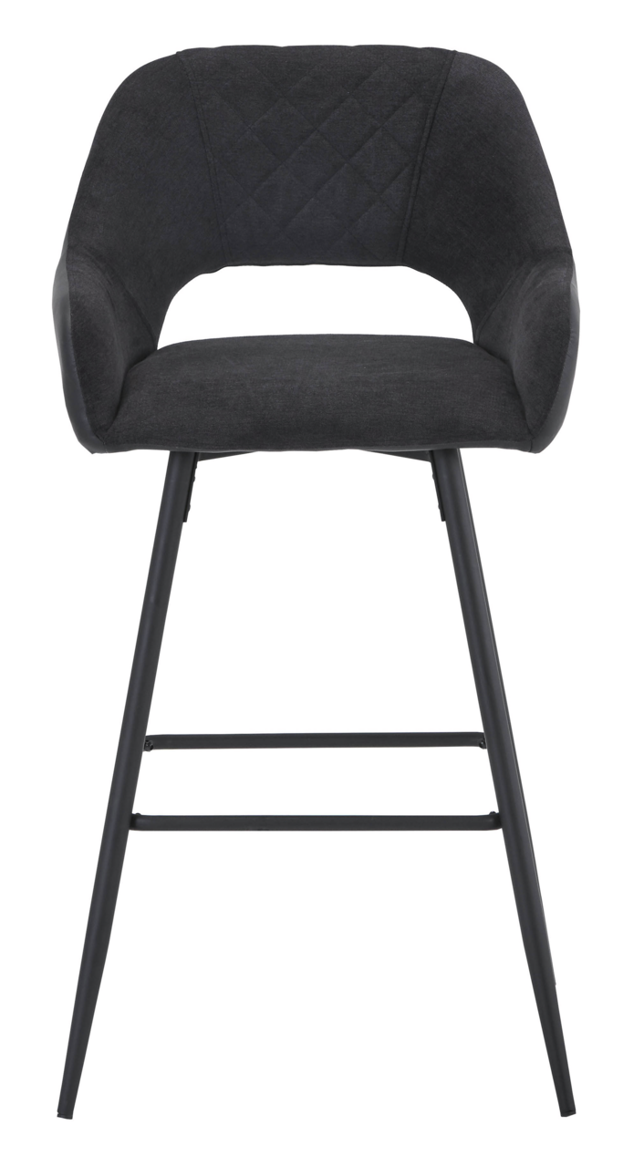 Moderner Barstuhl mit schwarzem Stoffbezug und Metallbeinen, Frontalansicht