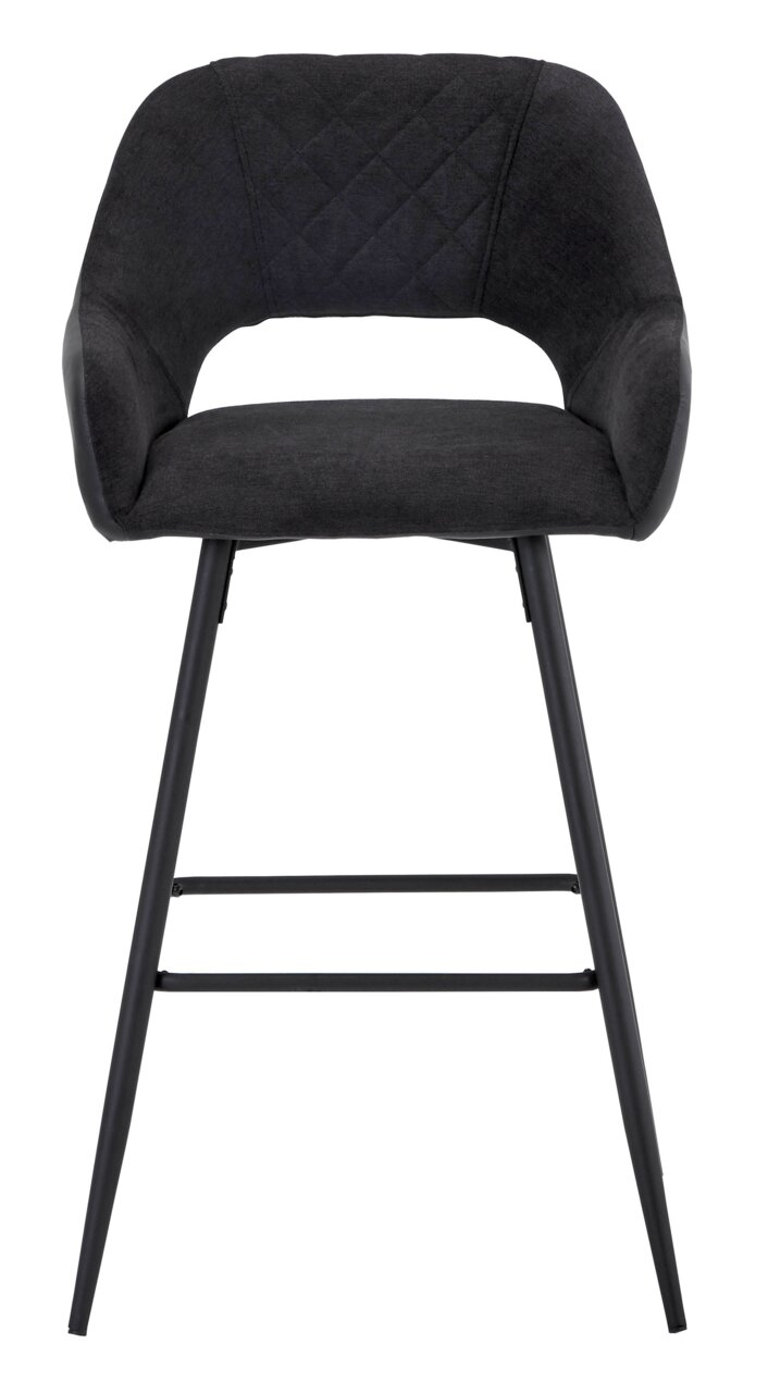 Moderner Barstuhl mit schwarzem Stoffbezug und Metallbeinen, Frontalansicht