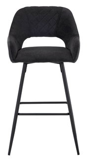 Moderner Barstuhl mit schwarzem Stoffbezug und Metallbeinen, Frontalansicht