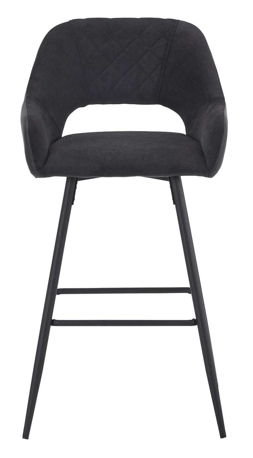 Moderner Barstuhl mit schwarzem Stoffbezug und Metallbeinen, Frontalansicht