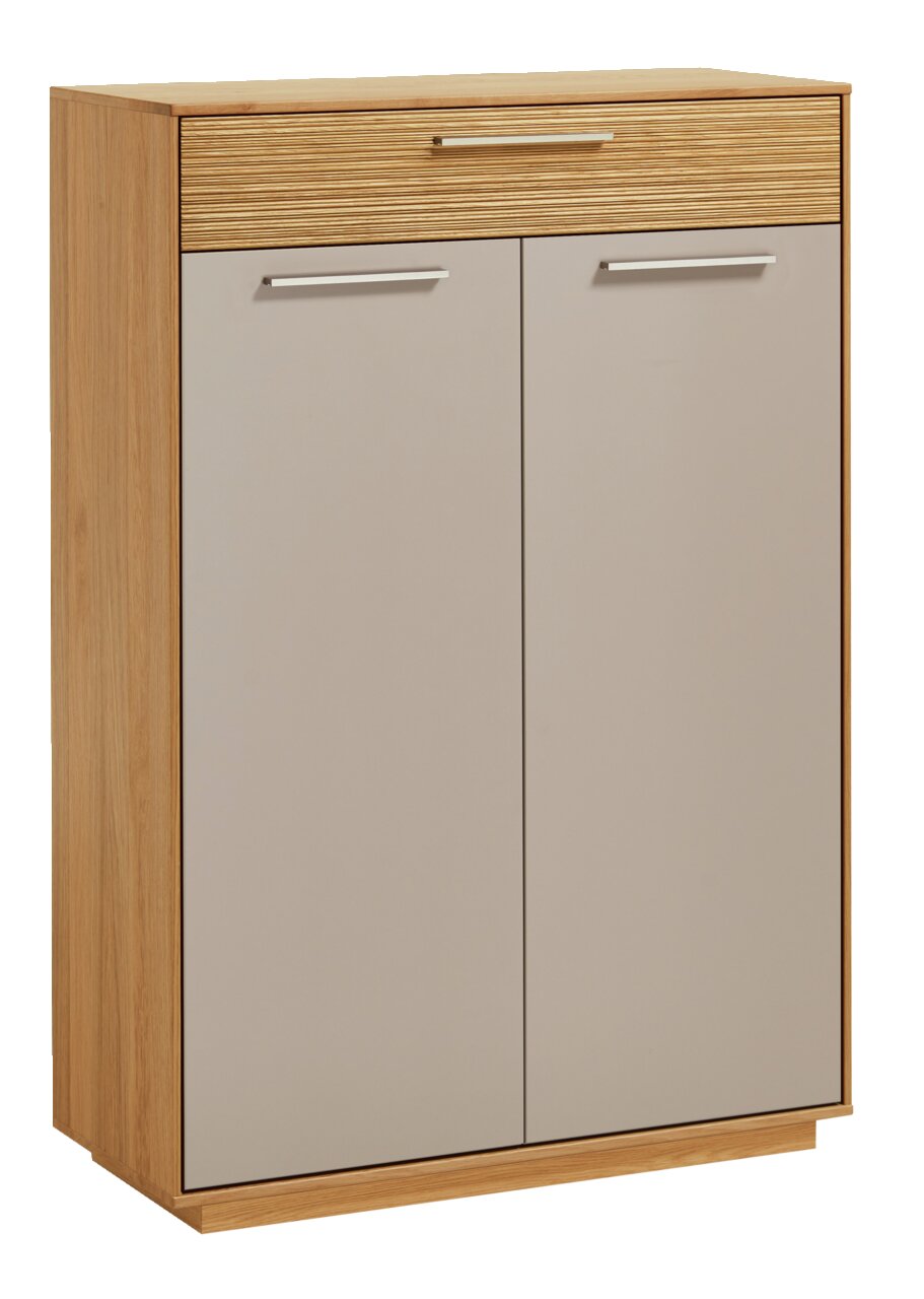 Schuhkommode aus Holz mit zwei Türen und einer Schublade, frontal fotografiert