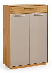 Schuhkommode aus Holz mit zwei Türen und einer Schublade, frontal fotografiert