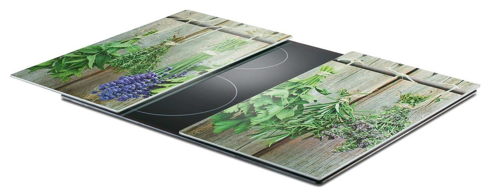 Herdabdeck- und Schneideplatten-Set mit Kräutermotiv, seitliche Perspektive