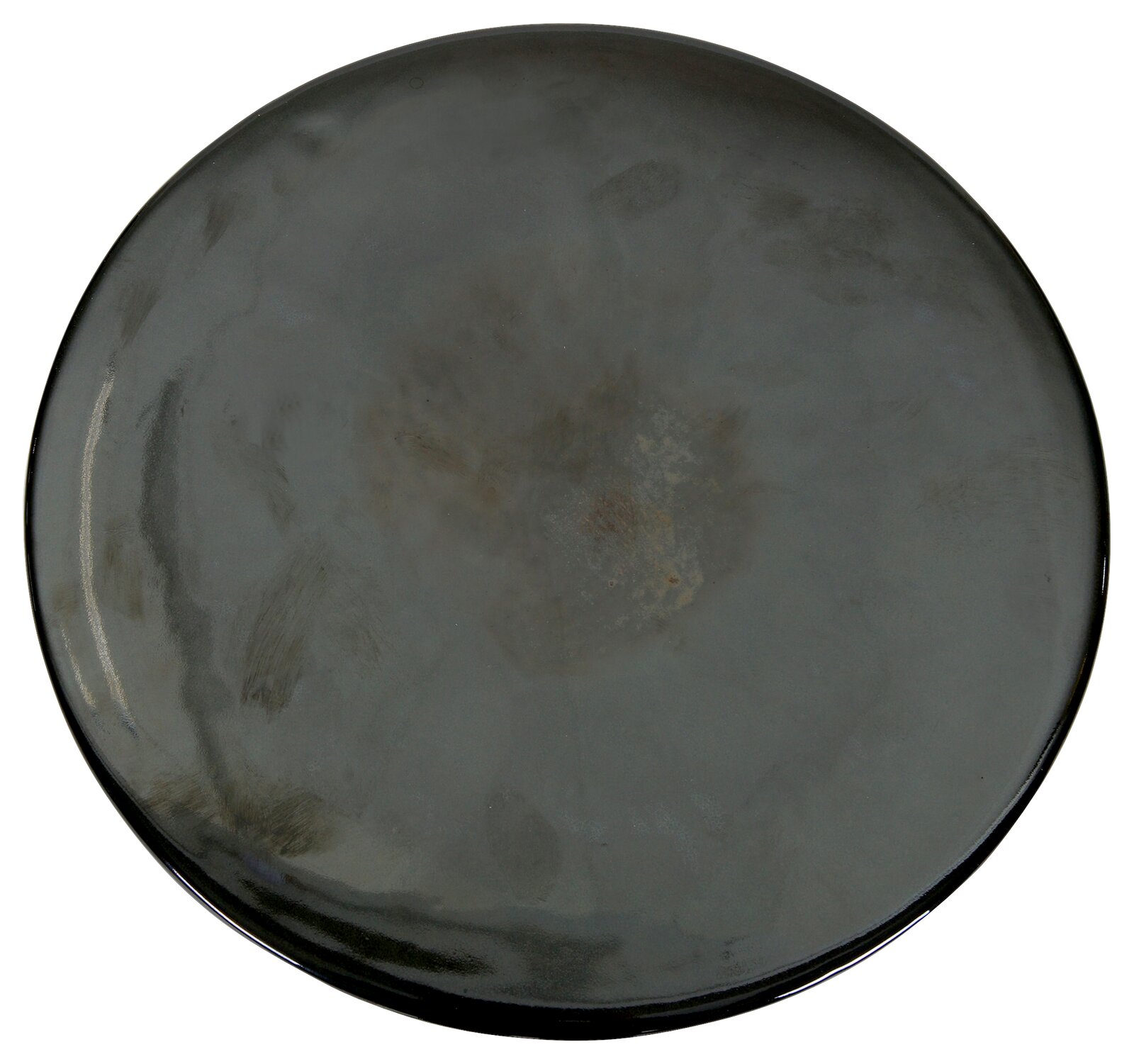 Runder, dunkelgrau-schwarzer Teller mit leicht glänzender, wolkig marmorierter Oberfläche und schmalem Rand, Draufsicht von oben