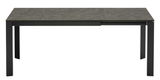 Moderner Esstisch mit dunkler Tischplatte und schwarzen Metallbeinen, frontal betrachtet.