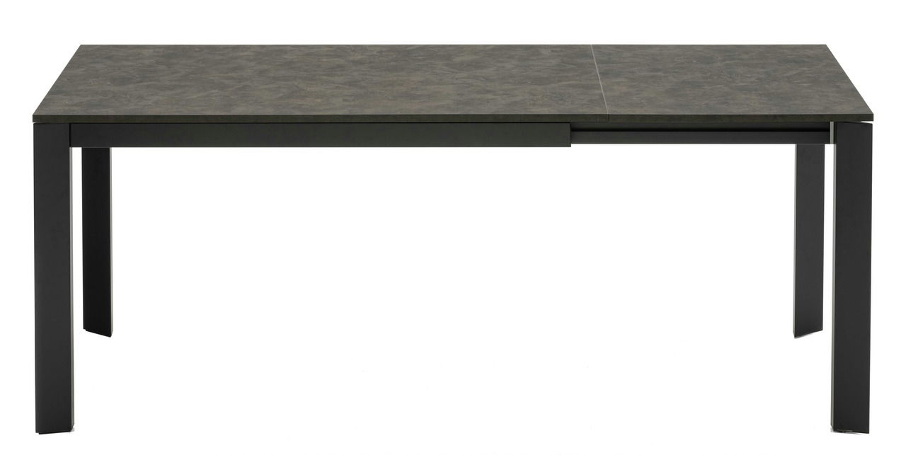Moderner Esstisch mit dunkler Tischplatte und schwarzen Metallbeinen, frontal betrachtet.