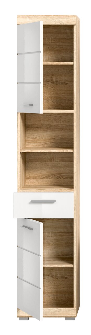 Hochschrank aus Holz mit weißen Türen, teilweise geöffnet, und einem Schubfach in der Mitte, frontal betrachtet.