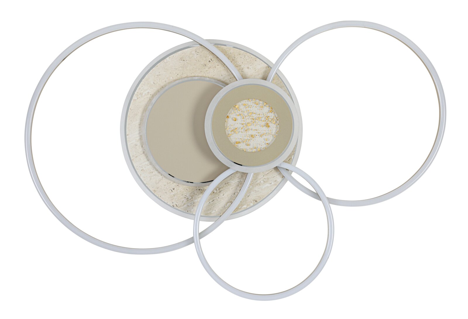Moderne led-plafondlamp met drie in elkaar verweven ringen, gezien van bovenaf.