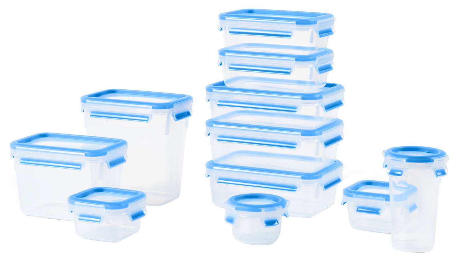 Frontalansicht eines 11-teiligen Frischhaltedosen-Sets mit blauen Deckeln in verschiedenen Größen.